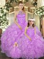 Super Tulle Halter Top Sleeveless Lace Up Beading and Ruffles Quinceanera Dresses in Lilac
