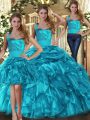 Ruffles and Pick Ups Quinceanera Gown Teal Lace Up Sleeveless Floor Length