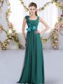 Sleeveless Floor Length Belt and Hand Made Flower Zipper Bridesmaid Dress with Peacock Green