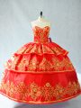 Admirable Sleeveless Floor Length Embroidery and Ruffled Layers Lace Up Quinceanera Gowns with Red