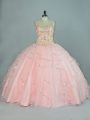 Straps Sleeveless Quinceanera Gowns Floor Length Beading and Ruffles Peach Tulle