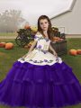 Sleeveless Tulle Floor Length Lace Up Kids Formal Wear in Purple with Embroidery and Ruffled Layers