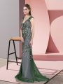 Sleeveless Tulle Sweep Train Zipper Prom Dresses in Green with Beading