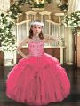 Trendy Hot Pink Lace Up Halter Top Beading and Ruffles Little Girls Pageant Gowns Tulle Sleeveless