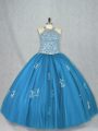 Sleeveless Tulle Floor Length Lace Up 15th Birthday Dress in Blue with Beading and Appliques