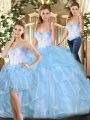 Amazing Blue Ball Gowns Halter Top Sleeveless Organza Floor Length Lace Up Beading and Ruffles 15 Quinceanera Dress