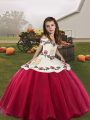 High Class Sleeveless Organza Floor Length Lace Up Pageant Gowns For Girls in Coral Red with Embroidery