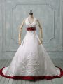 Modest Halter Top Sleeveless Satin Wedding Gown Beading and Embroidery Brush Train Lace Up