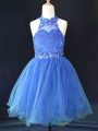 Dramatic Blue Sleeveless Mini Length Beading and Lace Lace Up Pageant Dress for Teens