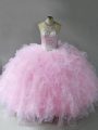 Customized Halter Top Sleeveless Quinceanera Gown Floor Length Beading and Ruffles Pink Tulle