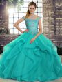 Ideal Aqua Blue Off The Shoulder Neckline Beading and Ruffles 15 Quinceanera Dress Sleeveless Lace Up