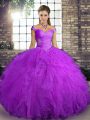 Top Selling Off The Shoulder Sleeveless Quince Ball Gowns Floor Length Beading and Ruffles Purple Tulle