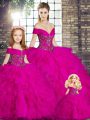 Lovely Tulle Off The Shoulder Sleeveless Lace Up Beading and Ruffles Sweet 16 Dress in Fuchsia