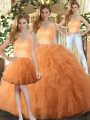 Orange Tulle Lace Up 15 Quinceanera Dress Sleeveless Floor Length Ruffles