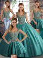 Sophisticated Floor Length Teal Sweet 16 Dresses Tulle Sleeveless Beading and Appliques