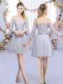 Vintage Grey Empire Off The Shoulder 3 4 Length Sleeve Tulle Mini Length Lace Up Lace and Belt Court Dresses for Sweet 16