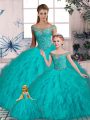 Fantastic Lace Up Vestidos de Quinceanera Aqua Blue for Sweet 16 and Quinceanera with Beading and Ruffles Brush Train