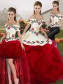 Romantic White And Red Off The Shoulder Neckline Embroidery and Ruffles 15 Quinceanera Dress Sleeveless Lace Up