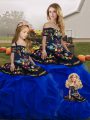 Floor Length Lace Up Sweet 16 Quinceanera Dress Royal Blue for Military Ball and Sweet 16 and Quinceanera with Embroidery and Ruffles