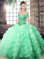 Fantastic Sleeveless Beading and Ruffled Layers Lace Up Quinceanera Gown with Apple Green Brush Train