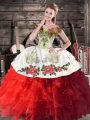 Fitting White And Red Ball Gowns Embroidery and Ruffles 15th Birthday Dress Lace Up Organza Sleeveless Floor Length