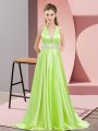 Yellow Green Elastic Woven Satin Backless V-neck Sleeveless Prom Dress Brush Train Beading