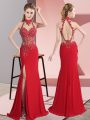 Sumptuous Red Halter Top Sleeveless Chiffon Floor Length Backless Lace and Appliques