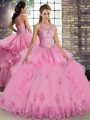 Admirable Lace and Embroidery and Ruffles Sweet 16 Dress Rose Pink Lace Up Sleeveless Floor Length