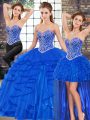 Hot Sale Sleeveless Floor Length Beading and Ruffles Lace Up Ball Gown Prom Dress with Royal Blue