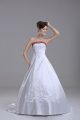Glorious White Satin Lace Up Strapless Sleeveless Wedding Dress Brush Train Beading and Embroidery