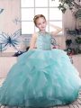 Sleeveless Floor Length Beading and Ruffles Zipper Little Girls Pageant Dress Wholesale with Aqua Blue
