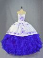 Blue And White Halter Top Lace Up Beading and Embroidery and Ruffles Sweet 16 Quinceanera Dress Brush Train Sleeveless