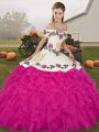 Floor Length Lace Up Quinceanera Dress Fuchsia for Military Ball and Sweet 16 and Quinceanera with Embroidery and Ruffles
