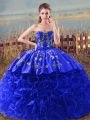 Admirable Embroidery and Ruffles 15th Birthday Dress Royal Blue Lace Up Sleeveless Brush Train