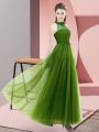 Sleeveless Floor Length Beading and Appliques Lace Up Bridesmaid Gown with Olive Green