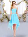 Aqua Blue Sleeveless Belt High Low Wedding Party Dress