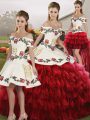 Off The Shoulder Sleeveless Sweet 16 Quinceanera Dress Floor Length Embroidery and Ruffled Layers Wine Red Organza