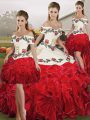 Romantic Organza Off The Shoulder Sleeveless Lace Up Embroidery and Ruffles Sweet 16 Quinceanera Dress in White And Red
