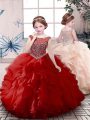 Red Zipper Kids Formal Wear Beading and Ruffles Sleeveless Floor Length