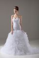 Customized White Lace Up Sweetheart Beading and Ruffles Wedding Dresses Organza Sleeveless Brush Train
