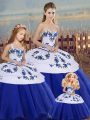 Royal Blue Ball Gowns Sweetheart Sleeveless Tulle Floor Length Lace Up Embroidery and Bowknot Sweet 16 Dresses