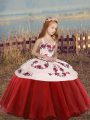 Red Lace Up Straps Embroidery Little Girl Pageant Dress Organza Sleeveless