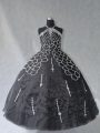 Delicate Halter Top Sleeveless Lace Up Quinceanera Gowns Black Organza