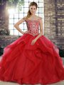 Red Ball Gowns Tulle Off The Shoulder Sleeveless Beading and Ruffles Lace Up Quinceanera Gown Brush Train
