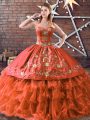 Dynamic Rust Red Sleeveless Satin and Organza Lace Up Sweet 16 Dresses for Sweet 16 and Quinceanera