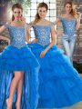 Blue Lace Up Off The Shoulder Beading and Pick Ups 15 Quinceanera Dress Tulle Sleeveless Brush Train
