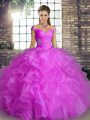 Lilac Quince Ball Gowns Military Ball and Sweet 16 and Quinceanera with Beading and Ruffles Off The Shoulder Sleeveless Lace Up