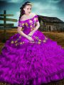 Designer Sleeveless Floor Length Embroidery and Ruffles Lace Up 15th Birthday Dress with Purple