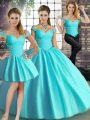 Off The Shoulder Sleeveless Quinceanera Gown Floor Length Beading Aqua Blue Tulle