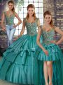 Teal Straps Neckline Beading and Ruffled Layers Quince Ball Gowns Sleeveless Lace Up